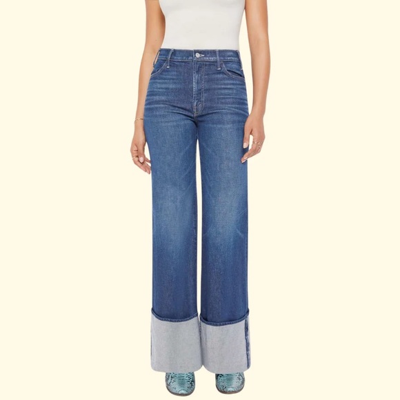 MOTHER Denim - MOTHER Wide-Leg Cuffed Jeans in Medium Blue with Light Cuff